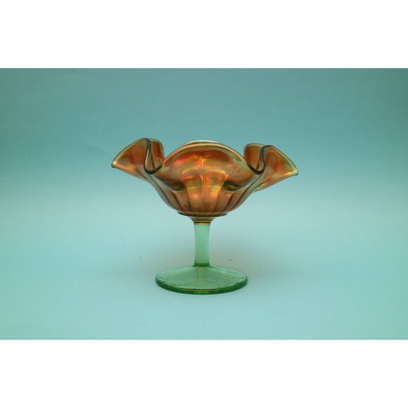 Northwood Iridescent Marigold Smooth Ray Carnival Glass CompoteUranium Glass